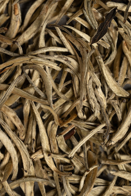 Silver Needle Bai Hao Yin Zhen – Makroaufnahme der weißen Teeblätter.
